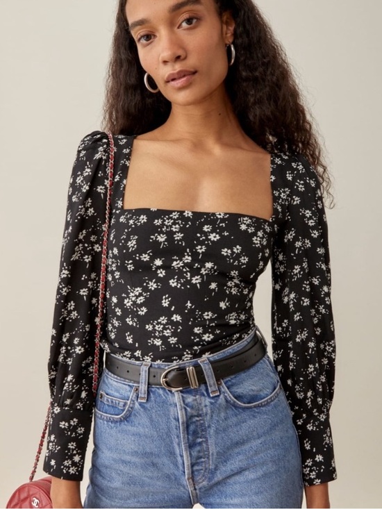 Reformation Tops - Reformation Black Floral Square-Neck Long Sleeve Top